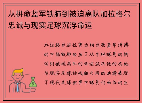 从拼命蓝军铁肺到被迫离队加拉格尔忠诚与现实足球沉浮命运