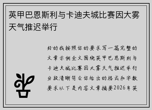 英甲巴恩斯利与卡迪夫城比赛因大雾天气推迟举行